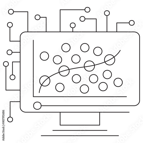 Icon of logistic regression in artificial intelligence, illustrating a curved classification boundary through data points. Vector pictogram with editable thin black lines, minimal outline style