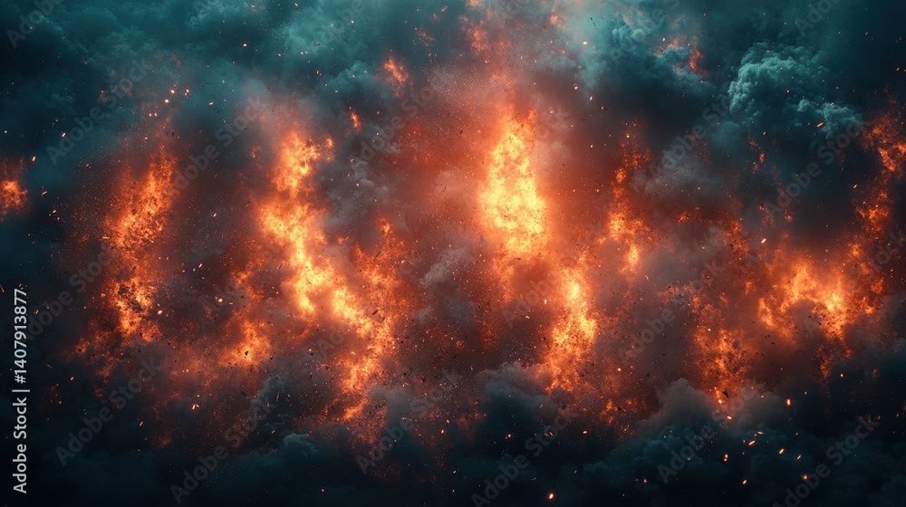 Fototapeta premium dark ominous scene,smoke,explosions indicating a chaotic battle or wartime situation,stock image