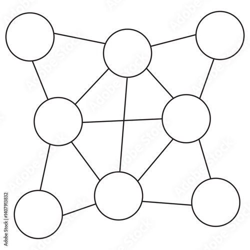 Icon of a connected network, representing a digital system of interconnected nodes. Vector pictogram with thin black lines. Editable line thickness, simple minimal design in black and white