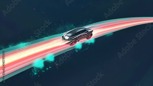 Futuristic Black Car Speeding on Colorful Neon Highway with Sleek Design and Dynamic Motion