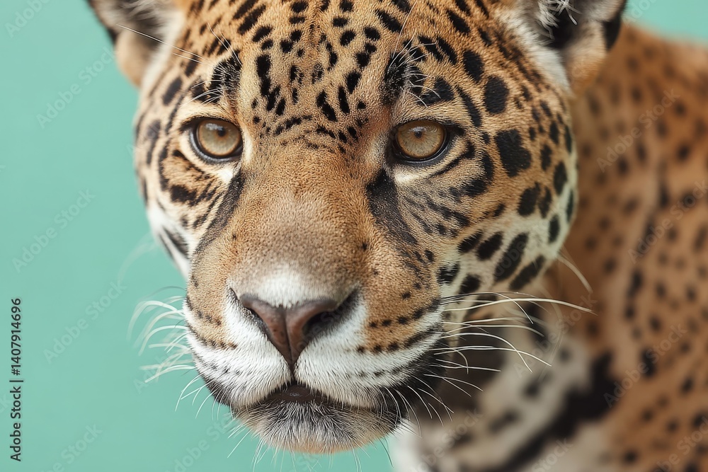 Fototapeta premium Striking close-up of a jaguar showcasing its distinctive fur pattern against a solid background
