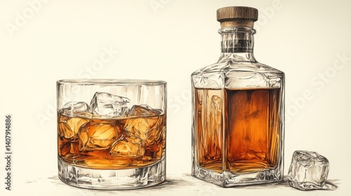 decorative liquor bottle,a filled whiskey glass isolated on a white background sketch engraving generative ai raster illustration scratch board imitation black,white image,stock image