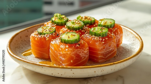 Sushi rolls with salmon and cucumber on a ceramic plate.