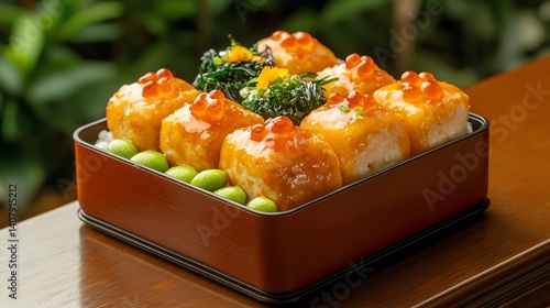 Sushi platter with vibrant toppings, presented in a traditional wooden container.