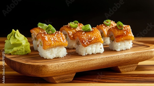 Sushi rolls with grilled eel, garnished with wasabi and green onion on a wooden plate.