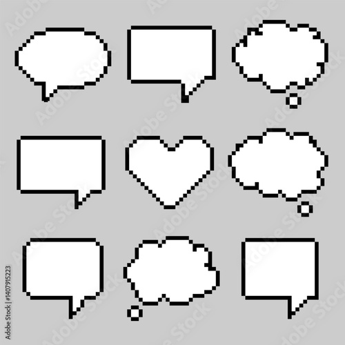 Pixel Art Speech Bubble Set . Pixelated speech and thought bubbles in 8 bit style,perfect for retro game UI design, chat apps, digital stickers, comic templates, pixel art projects.Vector illustration