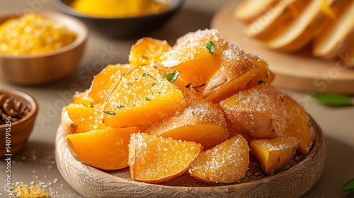 Sweet orange slices garnished with sugar, served in a wooden bowl.