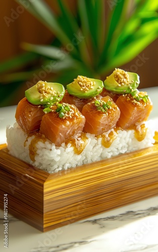 Sushi with salmon, avocado, and sesame served on a wooden plate.