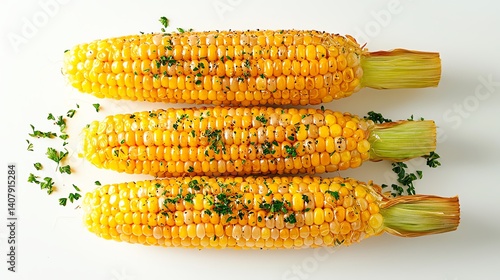 Three fresh corn cobs with green herbs on a white isolated background.
