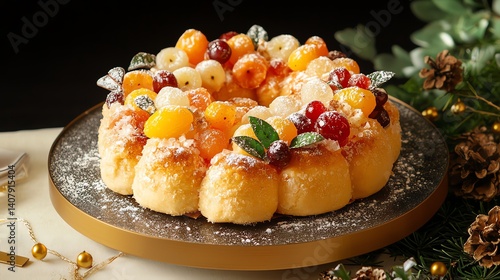 A delicious fruit cake decorated with colorful fruits and a snowy sugar topping.