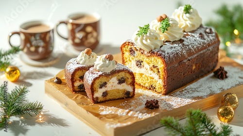 A festive dessert showcasing a loaf cake with cream and decorative elements.