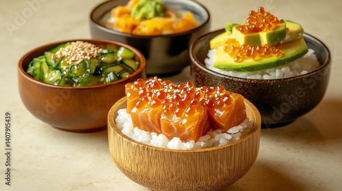 A variety of colorful sushi bowls on a light background, perfect for culinary delights.