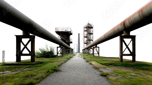 Industrial Pipeline Pathway: A haunting perspective of a desolate path leading towards a pair of industrial towers, showcasing a network of aging pipelines that once carried the fuel of civilization.