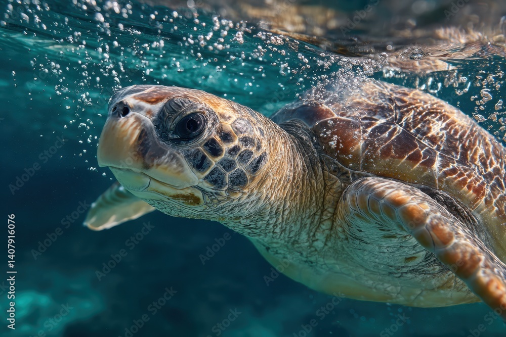 Fototapeta premium A sea turtle gracefully swims through crystal-clear water, its textured shell adorned with delicate bubbles, captured in stunning high-resolution detail.