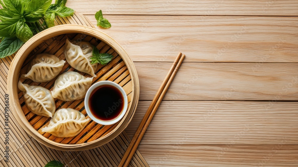 Steamed jiaozi dumplings in a bamboo basket soft morning light food photography topdown view culinary concept Steamed jiaozi dumplings in a bamboo basket soft morning light food photography topdown view culinary concept