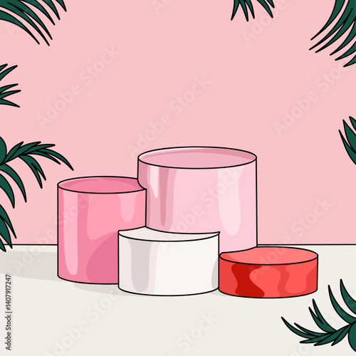 Minimalist Geometry podium with Pink Background. Product Placement Pedestal With Green Leaves and White Base