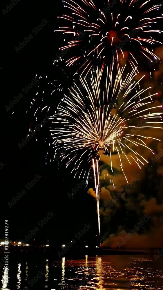 Spectacular nighttime fireworks exploding over reflective water surface