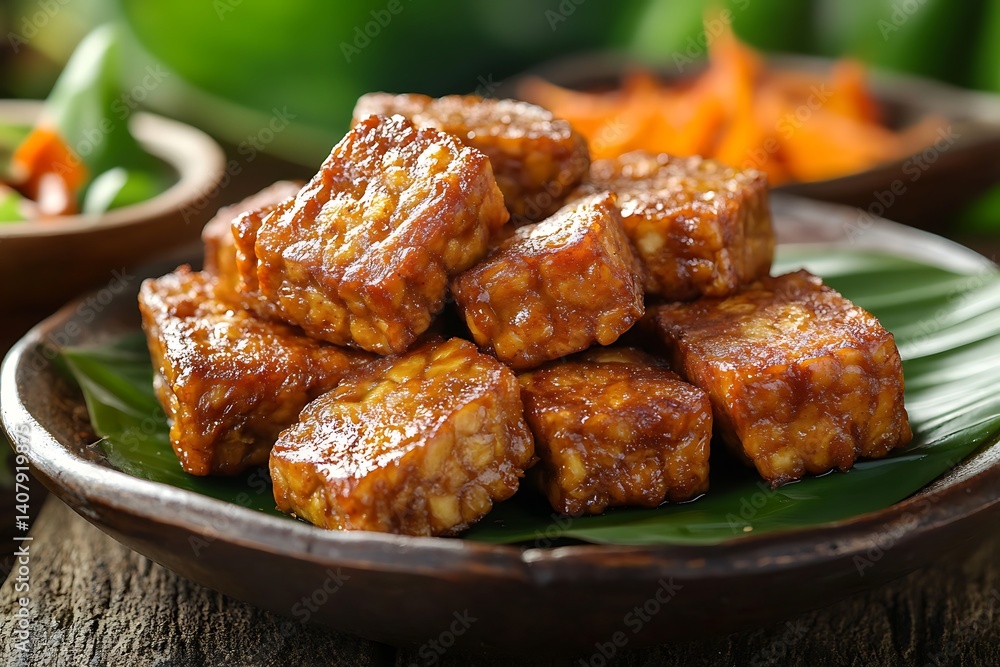Fried Tempeh Cubes with Glossy Glaze on Banana Leaf in Wooden Bowl Closeup Fried Tempeh Cubes with Glossy Glaze on Banana Leaf in Wooden Bowl Closeup