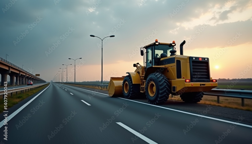 Construction vehicle working on a highway at sunset Construction vehicle working on a highway at sunset