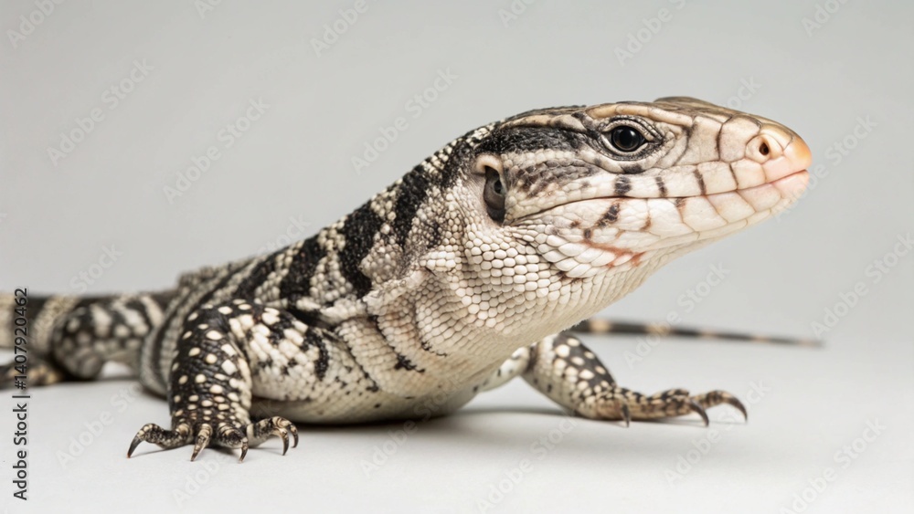 Fototapeta premium Argentine Black and White Tegu on studio background 
