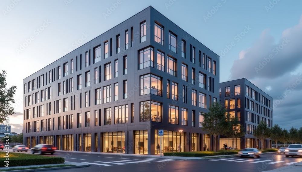 Obraz premium Modern office building illuminated at dusk with clear sky 