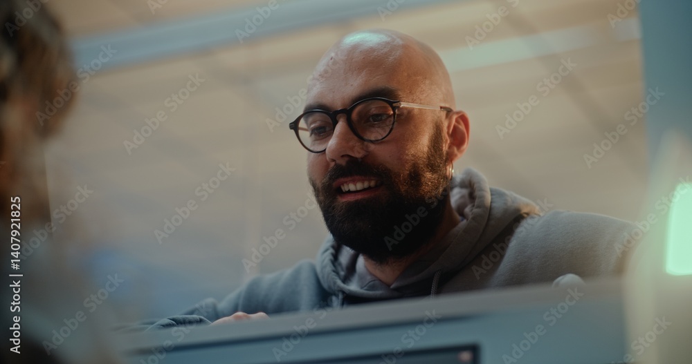 Fototapeta premium Airport Check-in Counter: Close Up of Man Talking to Airline Agent During Passport Check. Worker Giving Documents and Airplane Ticket to Passenger for Boarding Flight. International Airport Terminal.