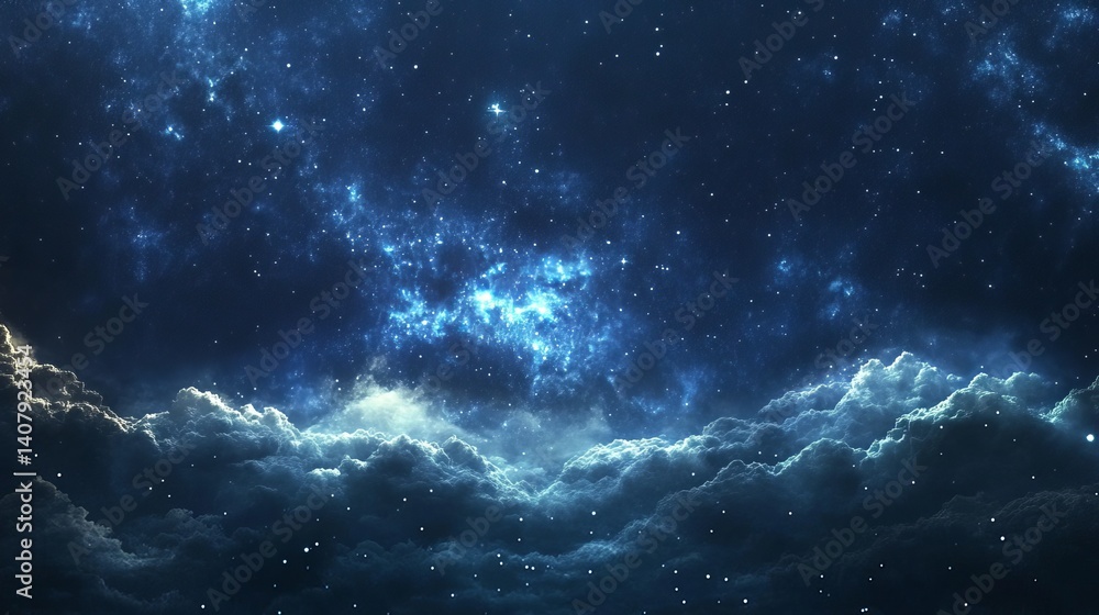 A view of a night sky with clouds and stars shining brightly in the dark blue and black background A view of a night sky with clouds and stars shining brightly in the dark blue and black background