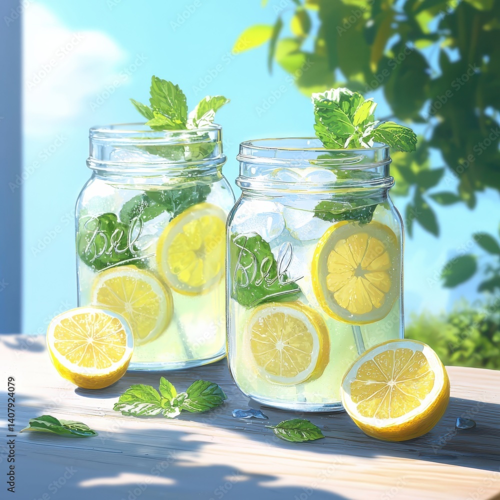 Refreshing summer sips cold lemonade in clear jars sunny garden setting vibrant light straight-on view Refreshing summer sips cold lemonade in clear jars sunny garden setting vibrant light straight-on view