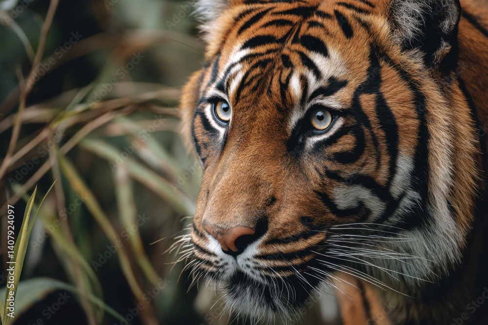 Naklejka premium A majestic tiger's intense gaze and detailed stripes emerge from the lush jungle foliage, captured in high-resolution detail.