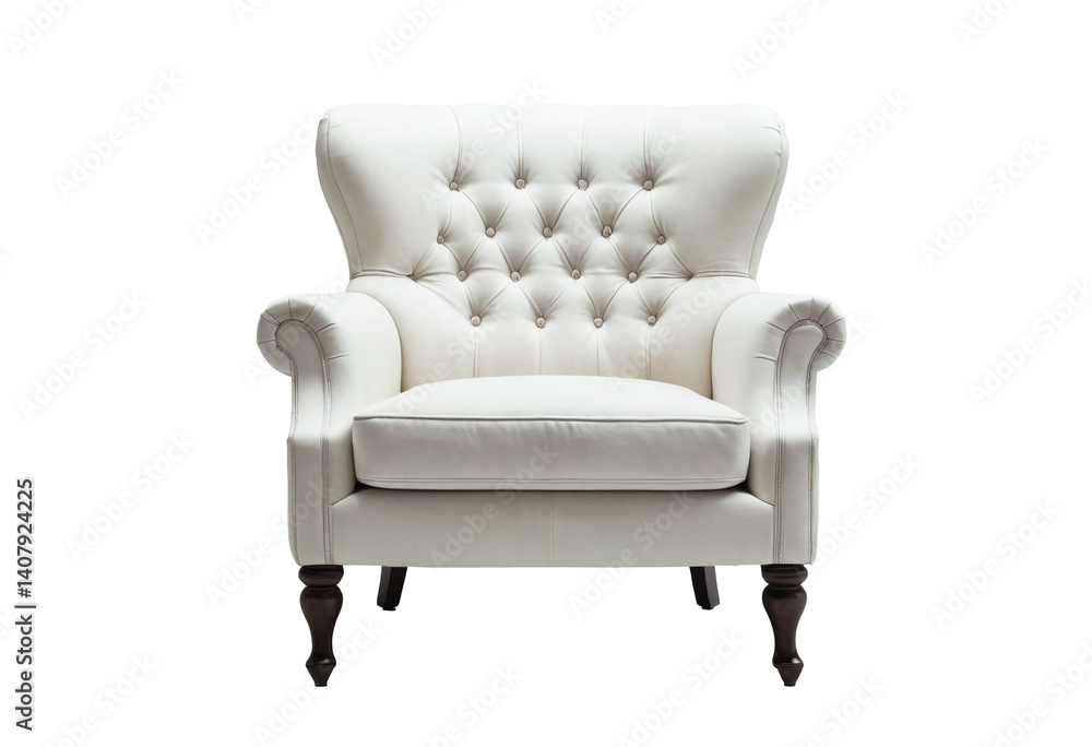 Elegant white armchair with tufted backrest and wooden legs placed in a minimalistic studio setting. Elegant white armchair with tufted backrest and wooden legs placed in a minimalistic studio setting.