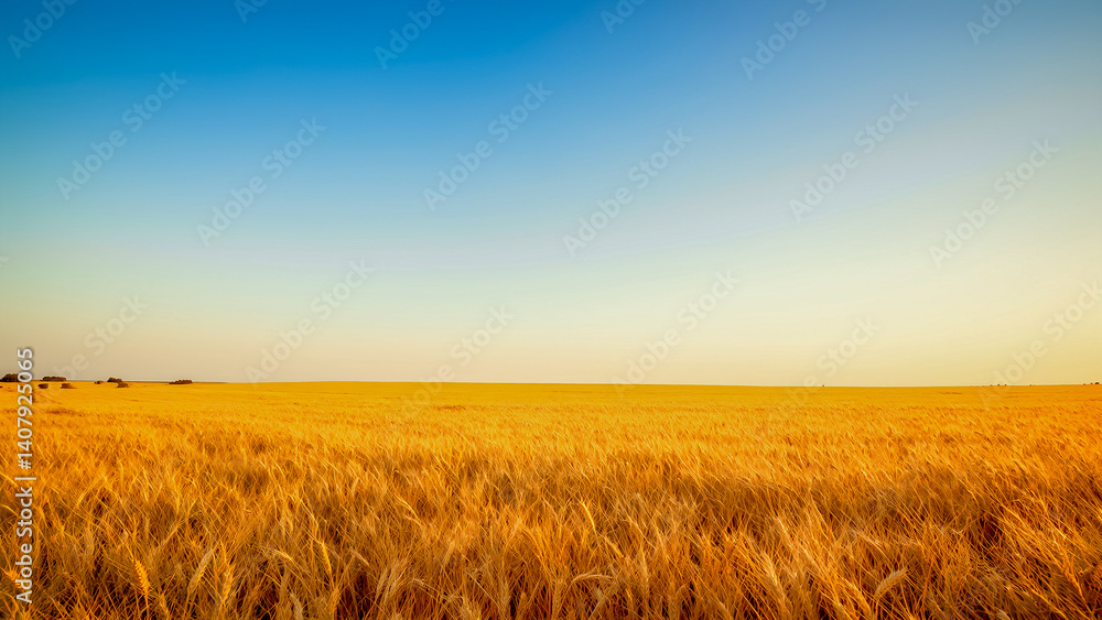 Field of golden wheat, soft evening light, blue sky. In the center the field is empty, suitable for inserting text or logo. Field of golden wheat, soft evening light, blue sky. In the center the field is empty, suitable for inserting text or logo.