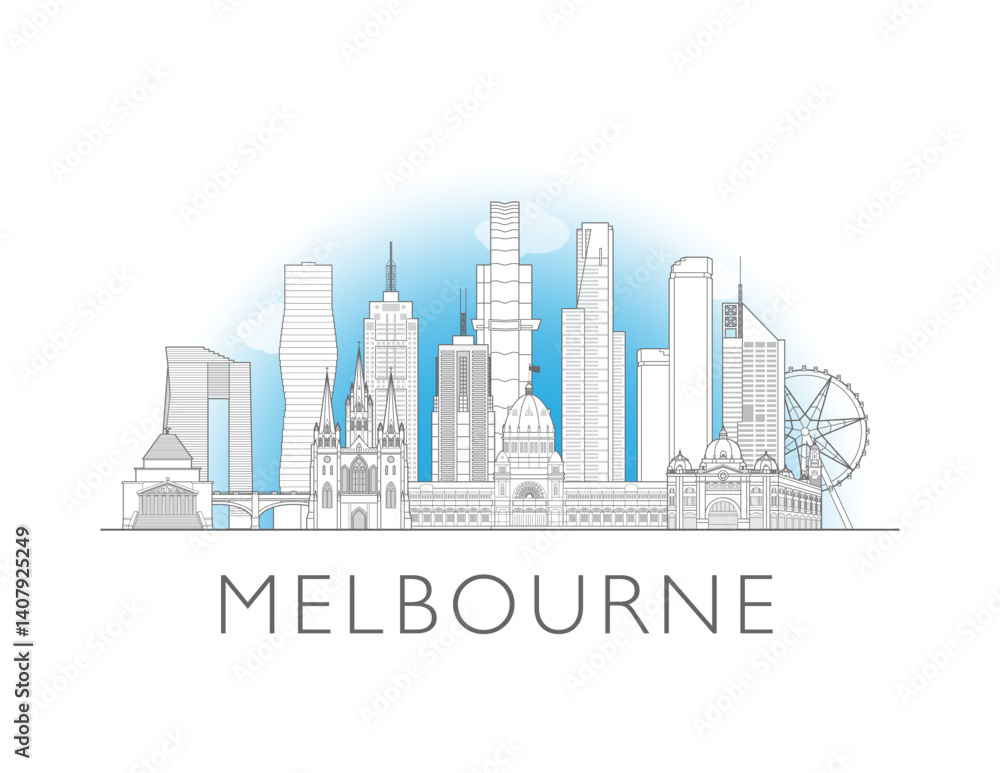Naklejka premium Melbourne, Australia, cityscape illustration skyline drawing