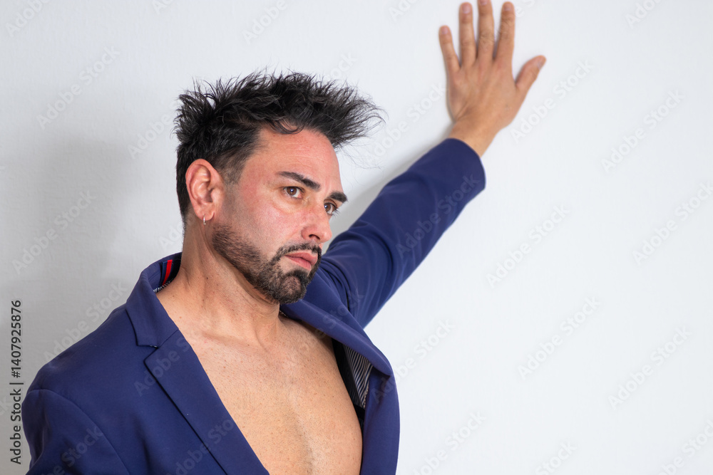 male model posing on white background