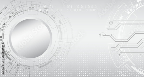 Minimalist technology background in light gray tones with digital elements, schemes, binary code. Modern conceptual design for topics related to information technology, science, for banner.