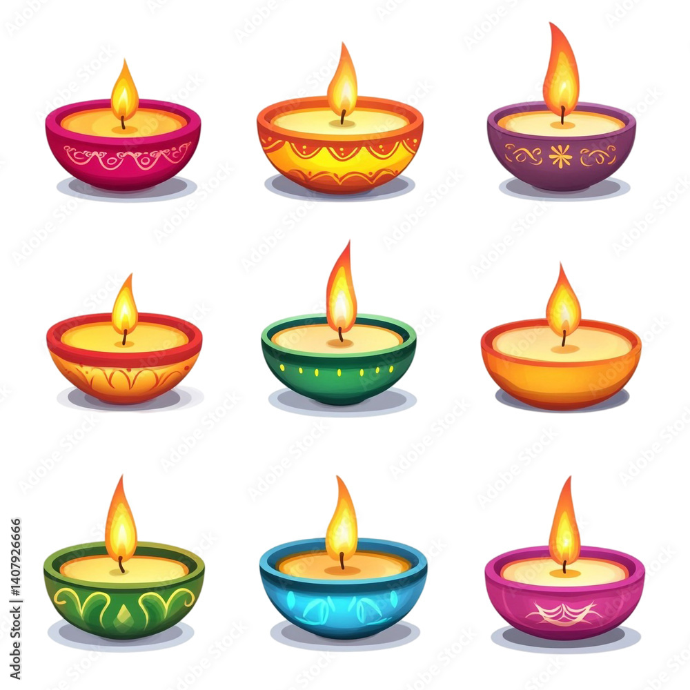 Nine colorful diyas lit with bright flames festive lights celebration Nine colorful diyas lit with bright flames festive lights celebration