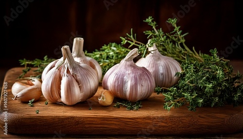Garlic bulbs, fresh thyme and rosemary