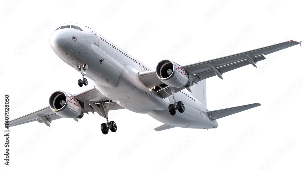 Fototapeta premium Soaring Through the Sky: A sleek, modern passenger aircraft ascends against a bright sky, a symbol of travel, adventure, and the boundless possibilities of flight.