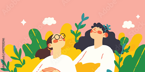 Two women with brown hair stand next to each other in a whimsical landscape. They are wearing white shirts, one with a pair of eyeglasses.