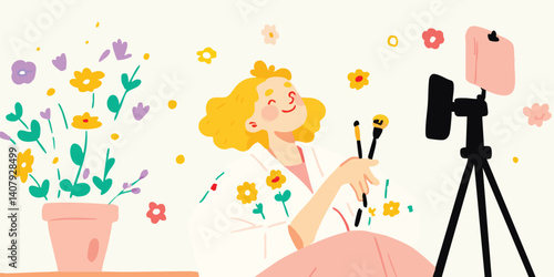 A cheerful creator records a joyful tutorial, surrounded by flourishing blooms, capturing her artistic passion in a delightful moment.