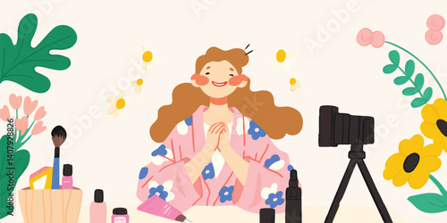 A charming beauty influencer, bathed in a warm glow, enthusiastically presents makeup products, surrounded by a curated collection of beauty essentials and a camera.