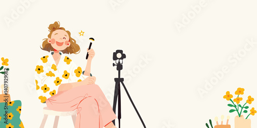 A cheerful female content creator beams with joy as she prepares for a live makeup tutorial, captured in a whimsical illustration style.  