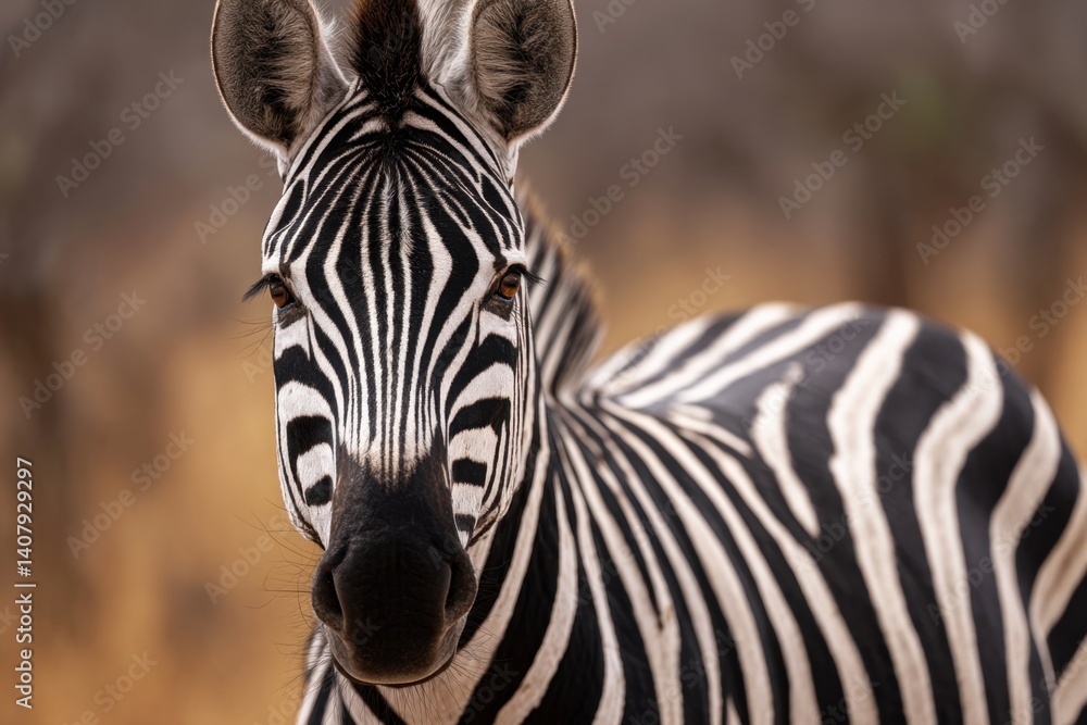 Naklejka premium A zebra gazes intently, showcasing intricate black and white stripes against a sun-drenched savanna backdrop.