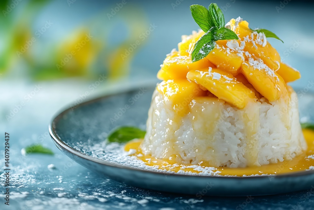 . • Artistic close-up of sticky rice molded into a dome, layered with ripe mango slices and creamy coconut sauce . • Artistic close-up of sticky rice molded into a dome, layered with ripe mango slices and creamy coconut sauce