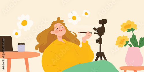 A young woman with a sunny disposition, brimming with creativity, sits ready to film a video, a digital camera perched on a tripod. The scene exudes a sense of peaceful focus and artistic energy.