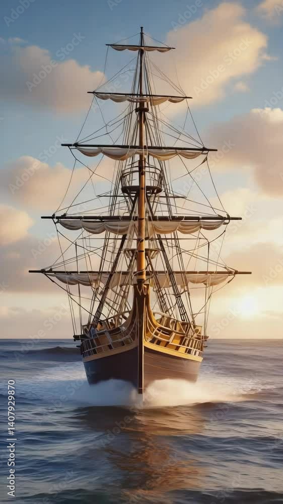Tall sailing ship navigating ocean waves at sunset, nautical vessel with masts and rigging cuts through water creating splash. Tall sailing ship navigating ocean waves at sunset, nautical vessel with masts and rigging cuts through water creating splash.