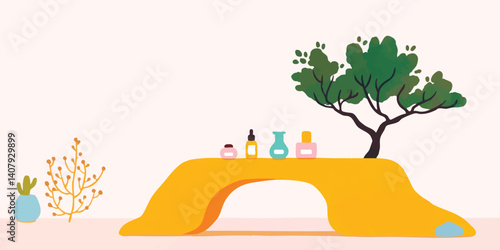 A charming, artistic illustration showcases an inviting tableau. Featuring vibrant colors, the image centers around a serene natural aesthetic with cosmetics adorning a creative arch.