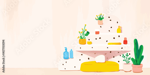 A vibrant and modern interior shelf, adorned with potted plants, bottles, and minimalist decor elements. The scene emanates freshness, a touch of artful design.