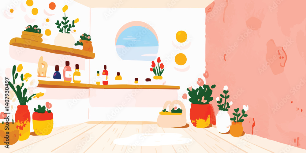 An inviting interior studio is bathed in soft light, showcasing a whimsical array of colorful plants, decorative pots and delicate flowers creating a cozy and tranquil atmosphere. An inviting interior studio is bathed in soft light, showcasing a whimsical array of colorful plants, decorative pots and delicate flowers creating a cozy and tranquil atmosphere.