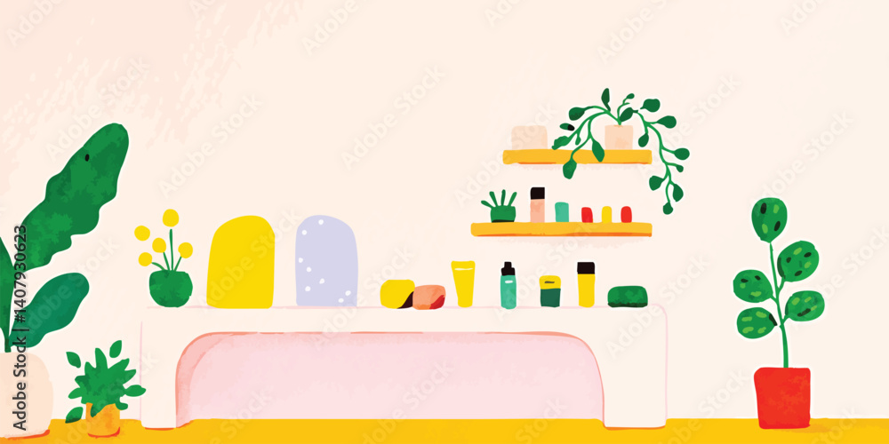 An illustration depicts a minimalist and inviting aesthetic. A clean design shelf with a modern, clean setting, various beauty products are thoughtfully displayed. An illustration depicts a minimalist and inviting aesthetic. A clean design shelf with a modern, clean setting, various beauty products are thoughtfully displayed.