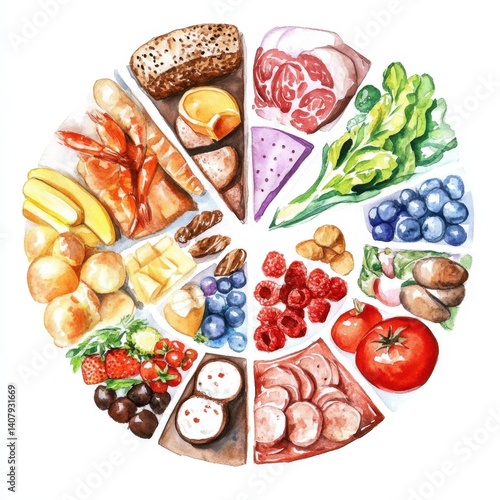 Watercolor illustration of a healthy balanced diet food chart showing various fruits vegetables meat and grains